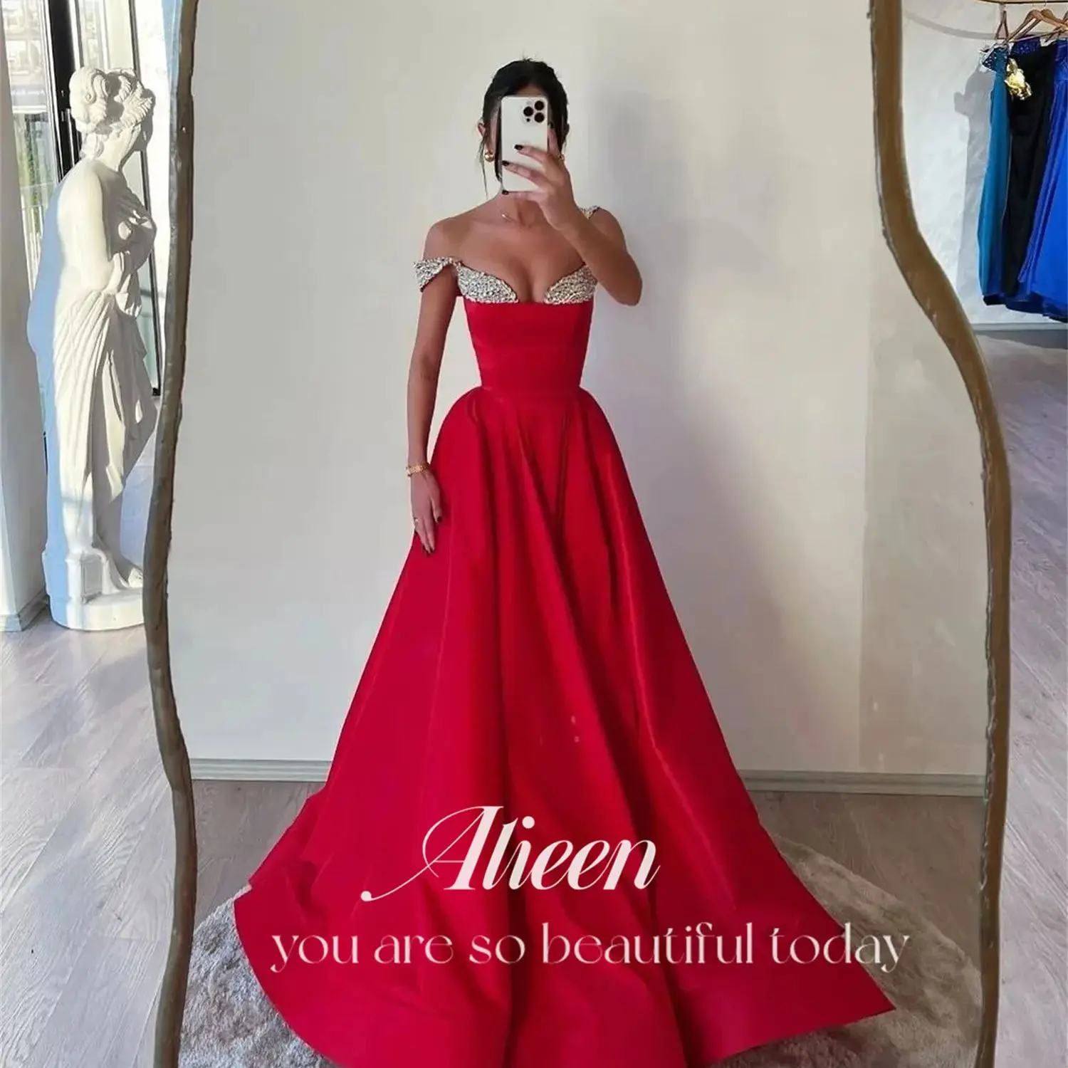 Red Satin A-line Diamond Jewelry Wedding Party Dress Dresses Gala Evening Elegant Woman Prom Graduation Women Luxury customized