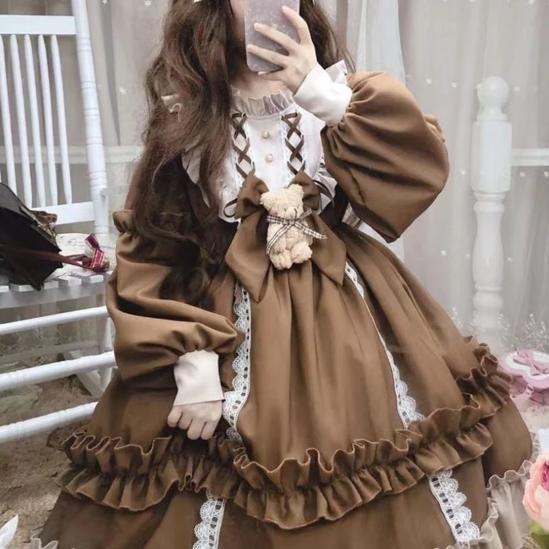 

Spring and Autumn Lolita Sweet and Fresh Academy Style Long Sleeved Princess Dress Printed Folded Women's Mid Length Dress