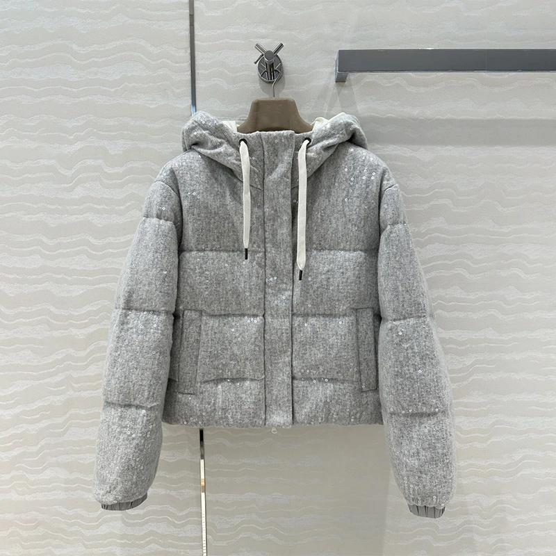 2024AW New Coat Sparkling Sequins Design Hooded Down Jacket Women's Coat Luxury Brand* Korean Fashion Women's Clothing