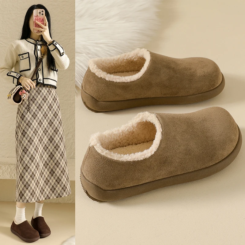 حذاء جديد بكعب مسطح من القطيفة بمقدمة مستديرة لخريف جديد للزوجين حذاء قطني مقاوم للرياح ودافئ لفصل الشتاء حذاء منزلي قطيفة غير رسمي