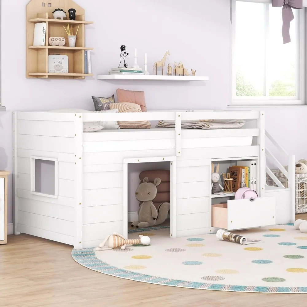 Twin Size Low Loft Bed with Storage,Wood Kids Loft Bed with Stairs,Loft Bed Twin with Shelf and Drawer Underneath,White