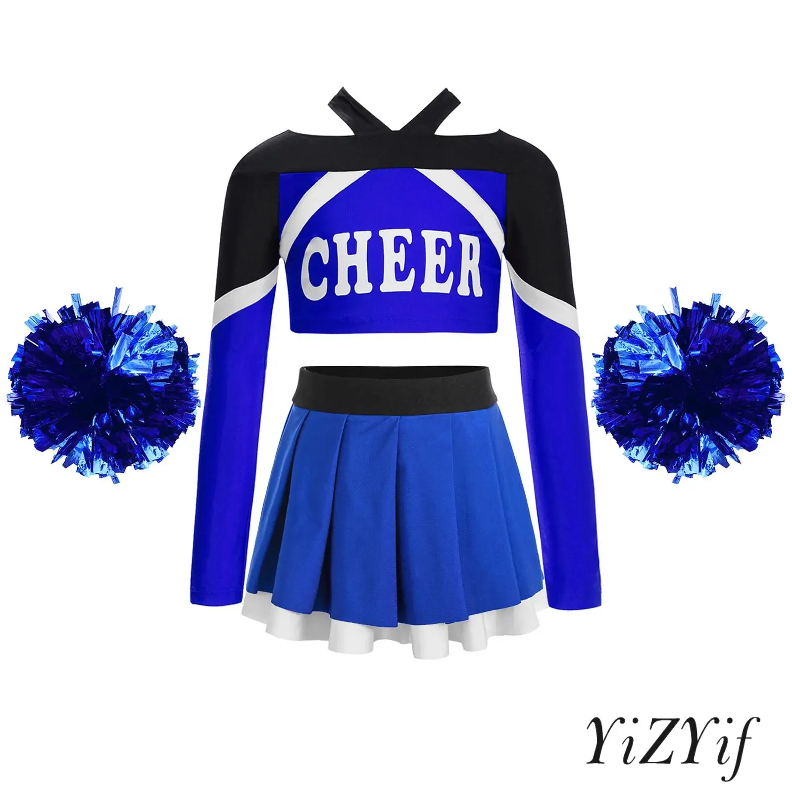 子供用女の子チアリーダーセット-キラキラトップ-プリーツスカート付き-マッチングポンポン付き-学校のお祝い活動-スポーツ用
