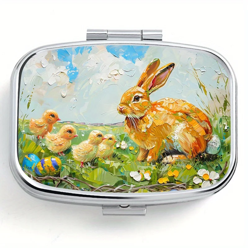 Retro Easter-themed Metal Medicine Box Designed By Bunny and Chick,Double Compartment Portable Medicine Box,Moisture-proof