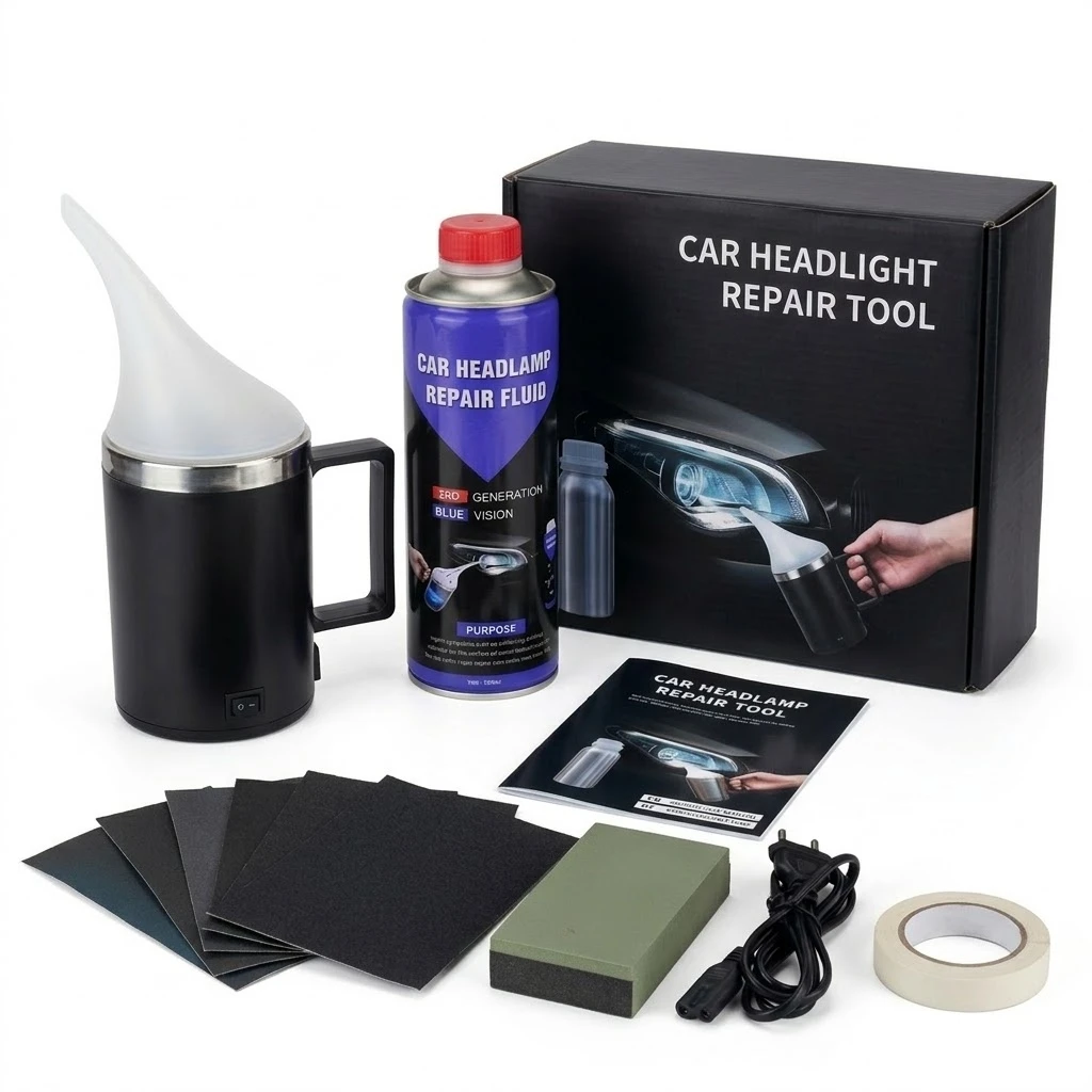 Car Headlight Restoration Kit 500ml Restoration Liquid Headlight Cleaner and Restorer with Atomizing Cup 110V US Standard