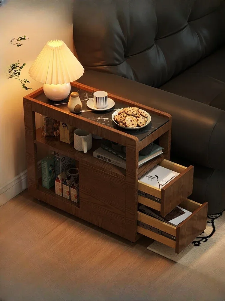 Medieval Solid Wood Cabinet Small Living Room Apartment Coffee Sofa Side Few Wheels Movable