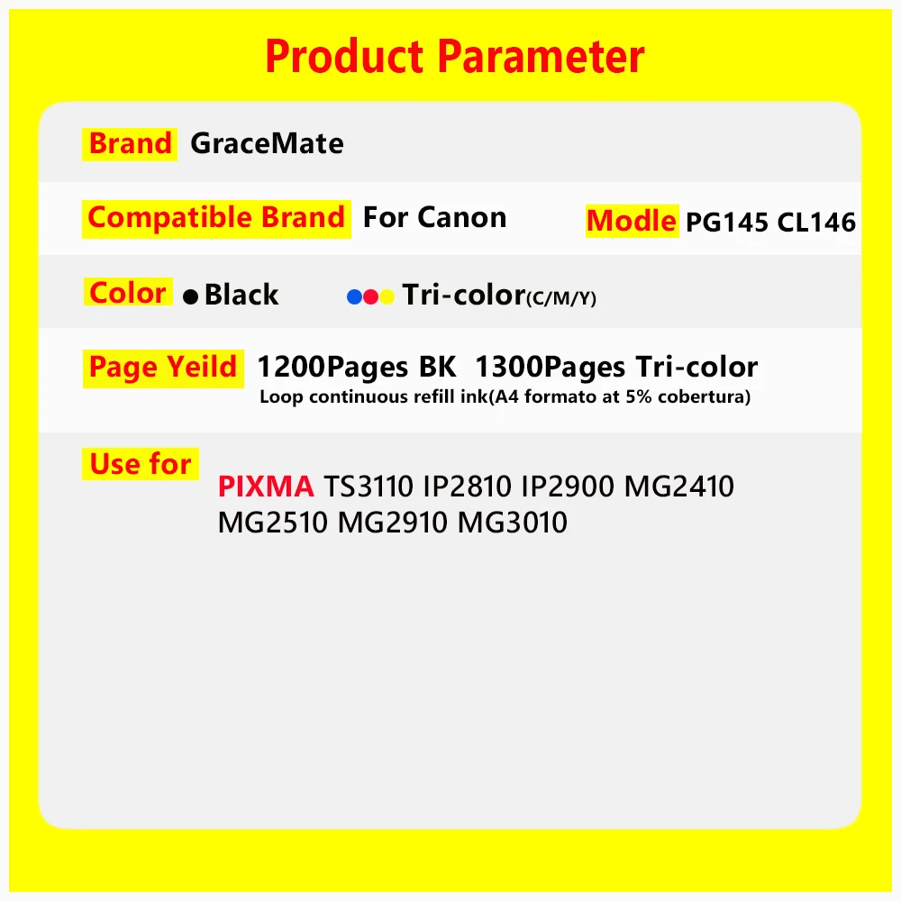 Imagem -02 - Cartucho de Tinta Pg145 Cl146 145 Recarga Kit Tinta Substituição para Canon Pixma Ip2810 Ip2900 Mg2410 Mg2510 Impressoras a Jato Tinta Pg145 Cl146