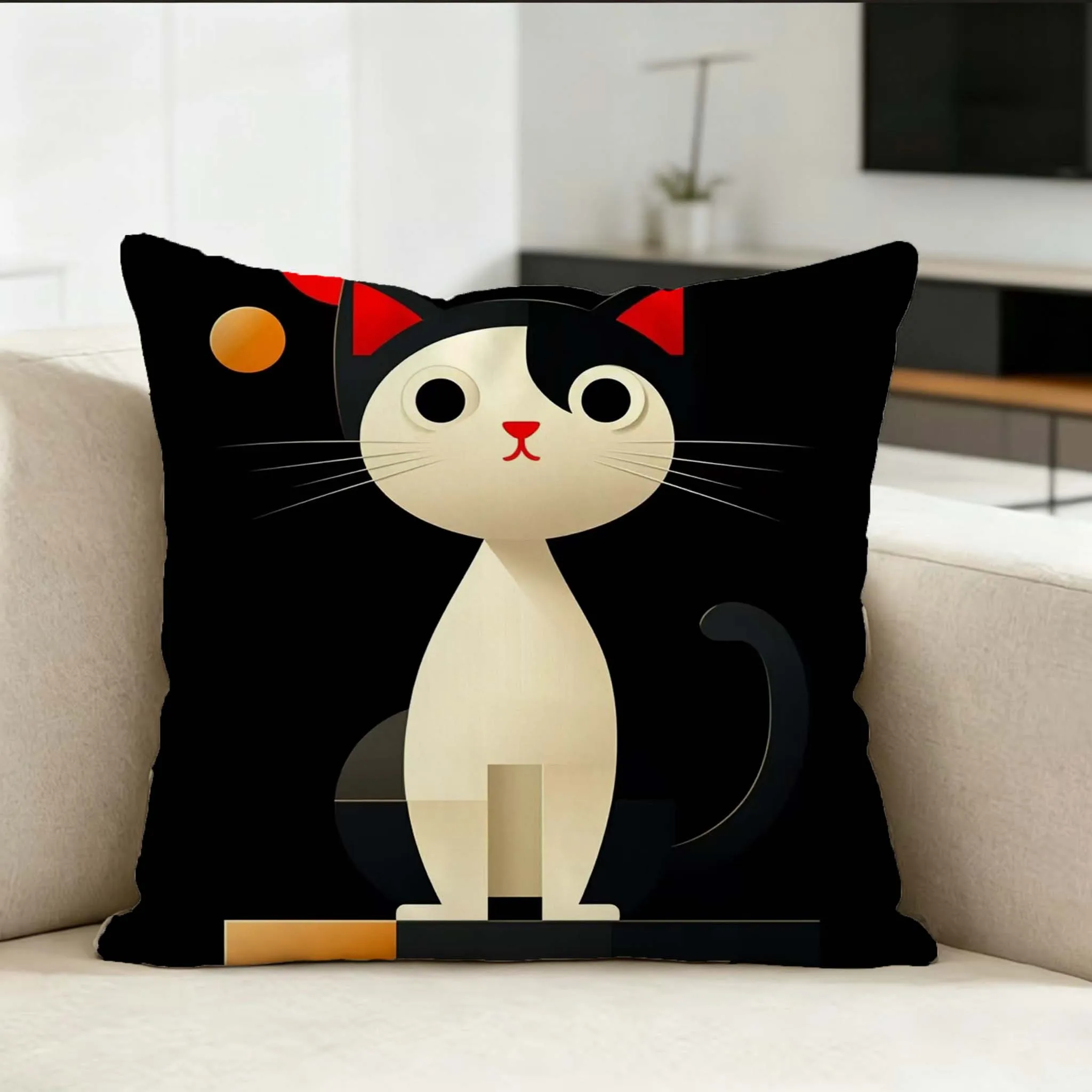 Cute Black White Cat Pillowcase, Kawaii Cartoon Kitten Cushion Cover, Red Bow Pet Art, Funny Animal Home Decor, Soft Living Room