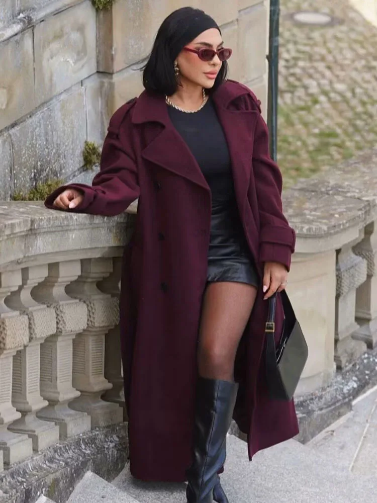 HH Winter Elegante Frauen Drehen-unten Kragen Langen Mantel Solide Lange Ärmel Tasche Gürtel Zweireiher Weibliche Dünne Windjacke mäntel