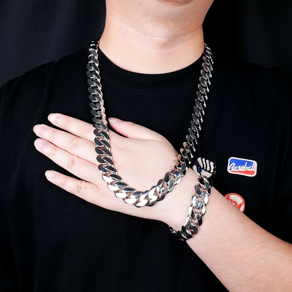 Polished 925 .Custom Sterling Silver Arc Style 14mm 18mm 8in Hip Hop Plain Cuban Link Chain Necklaces Bracelets for Youngster