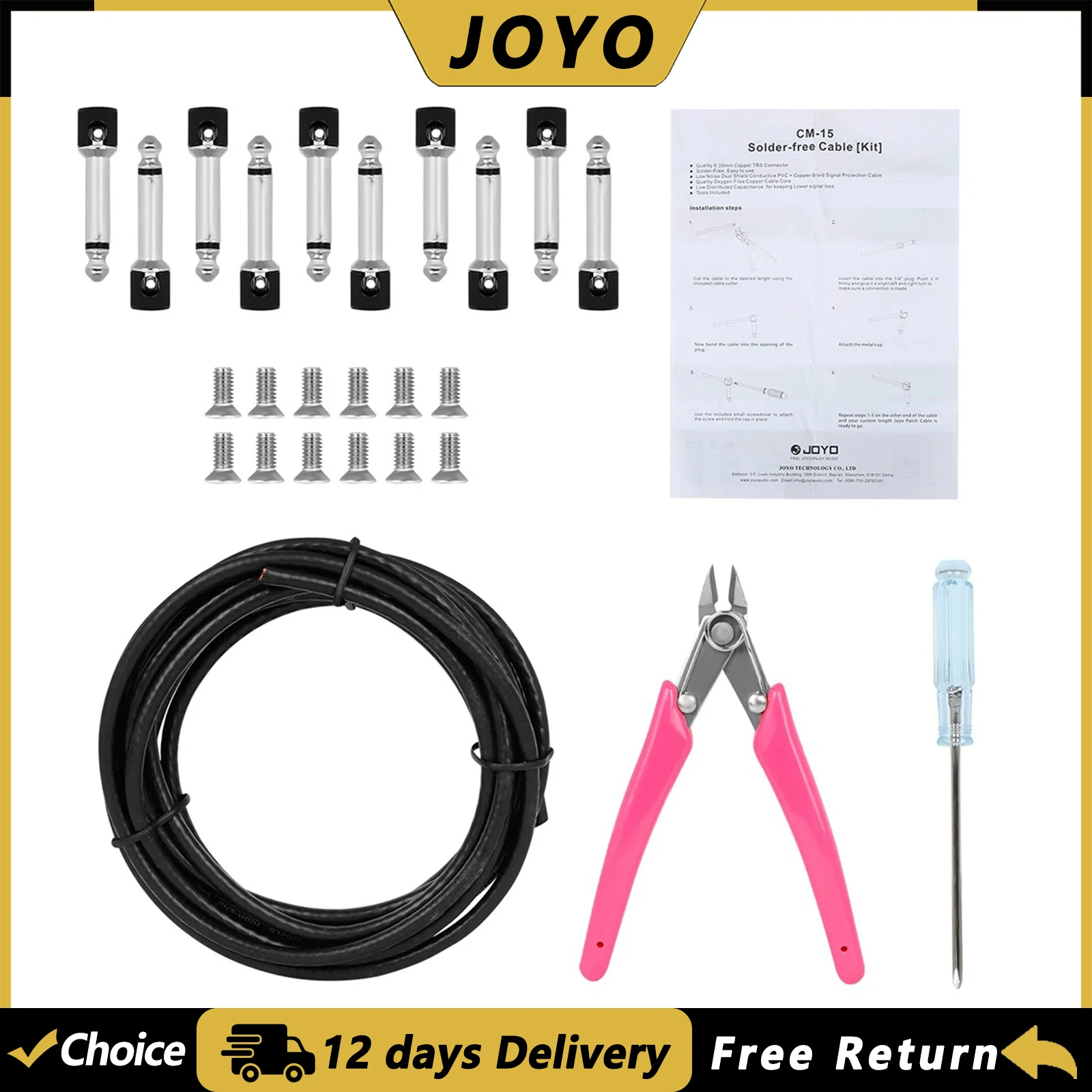 joyo-cm-15-solder-free-guitar-cable-635mm-copper-trs-connector-low-noise-dual-shield-conductive-pvc-guitar-effect-pedal-cable