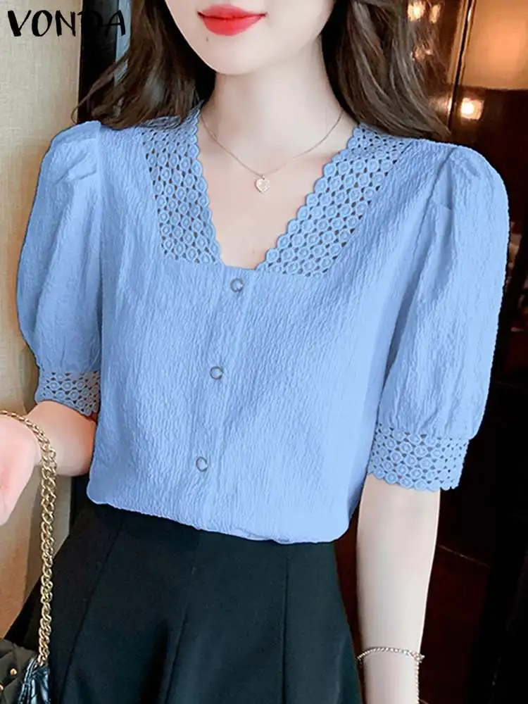 VONDA Fashion Women Lace Shirts Summer Tops 2024 Sexy V-Neck Casual Solid Color Blouses Elegant Short Puff Sleeve Loose Blusas