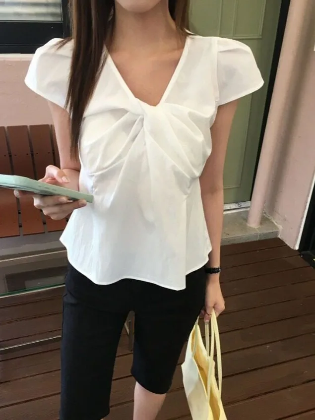 Chic V-Neck Knot Short Sleeve Shirt Versatile Korean Style Breathable Skin-Friendly Spring Autumn Winter Casual Wear for Women