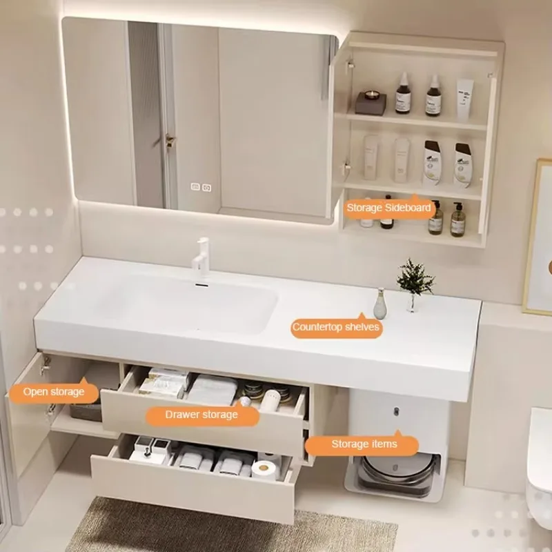 High-End Luxury Large Size Wall-Mounted Bathroom Vanity Cabinet Bathroom Toilet Make Vanities Sets in Light Style