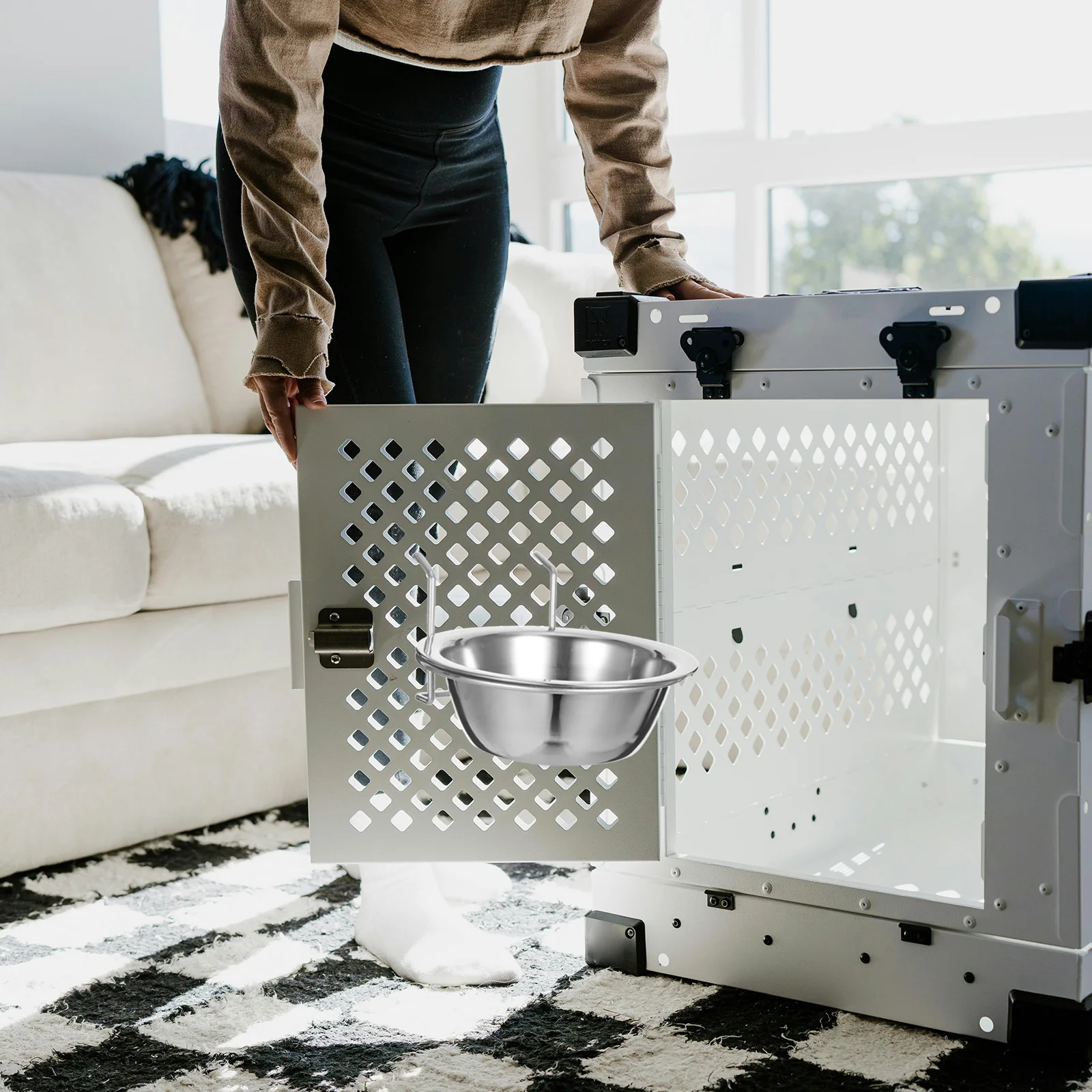 

2Sets Hanging Stainless Steel Dog Bowl Cage Food Water Feeder Rustproof Easy Install Pet Supply Pet Food Container