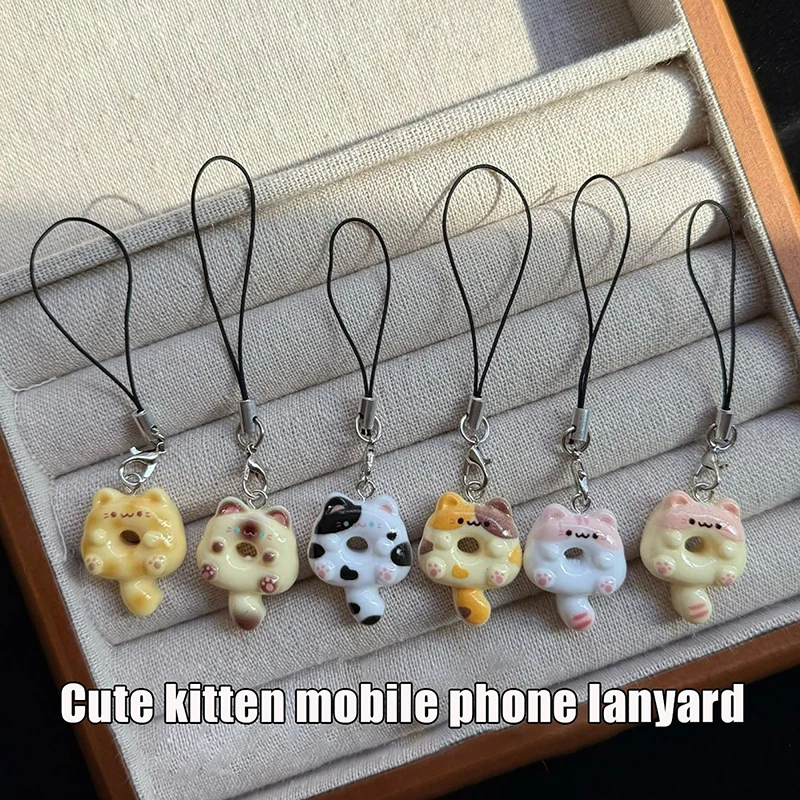 1PC DIY Accessories Cat Cookie Phone Charm Strap Soft Kawaii Kitty Couple Keychain Pendant Cute Lanyard Keycord