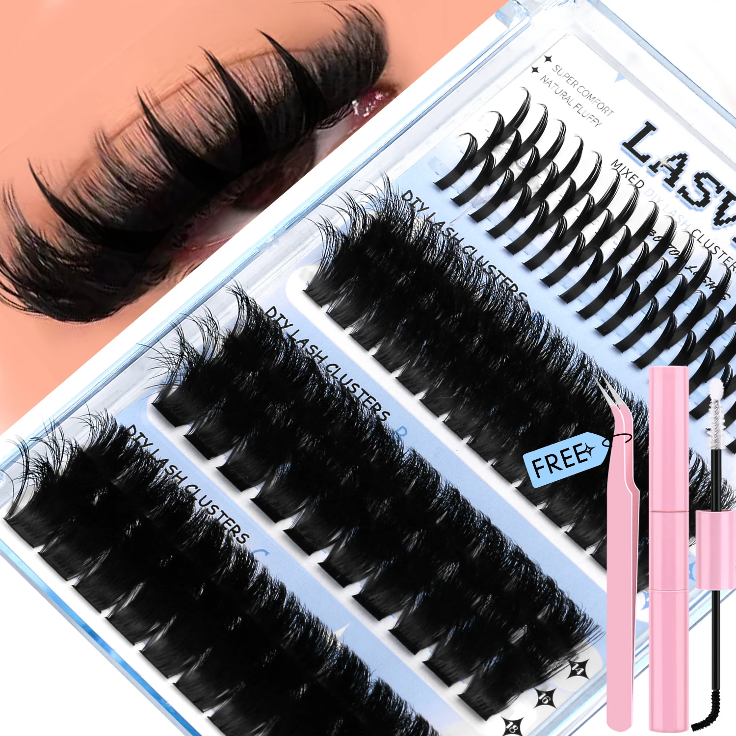 مجموعة رموش Lasvirey العنقودية DIY مجموعات الرموش الرقيقة 4 في 1 مجموعة كاملة مختلطة تمديد الرموش الفردية مع رموش السندات وختم #1