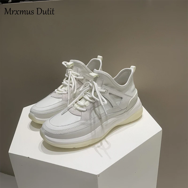 Mrxmus 2023 New Women Fashion Genuine Leather Patchwork Thick-soled Shoes Lacing Sneakers Versatile Casual Shoes Female Chic