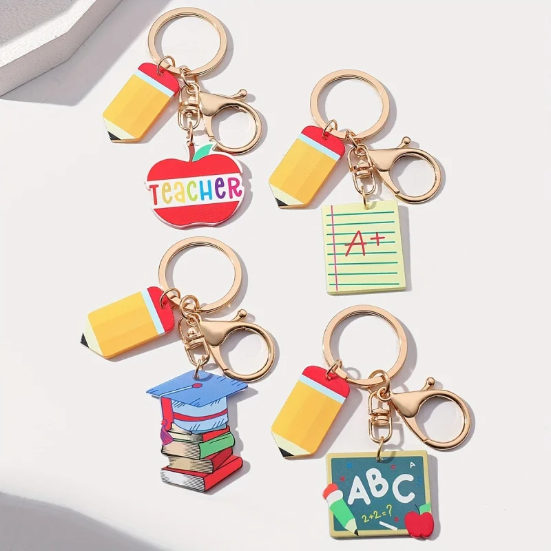 2D Flacher Acryl-Schlüsselanhänger für Lehrer – Bleistift, Apfel, Buch, Talar, ABC-Buchstaben, Tafel, Cartoon-Schultaschen-Anhänger, Holi