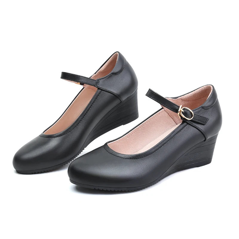 Line Button Mary Jane Shoes Work Shoes Black Professional Shoes Comfortable Slope Heel Shoes Leather Small Size Women's Shoes