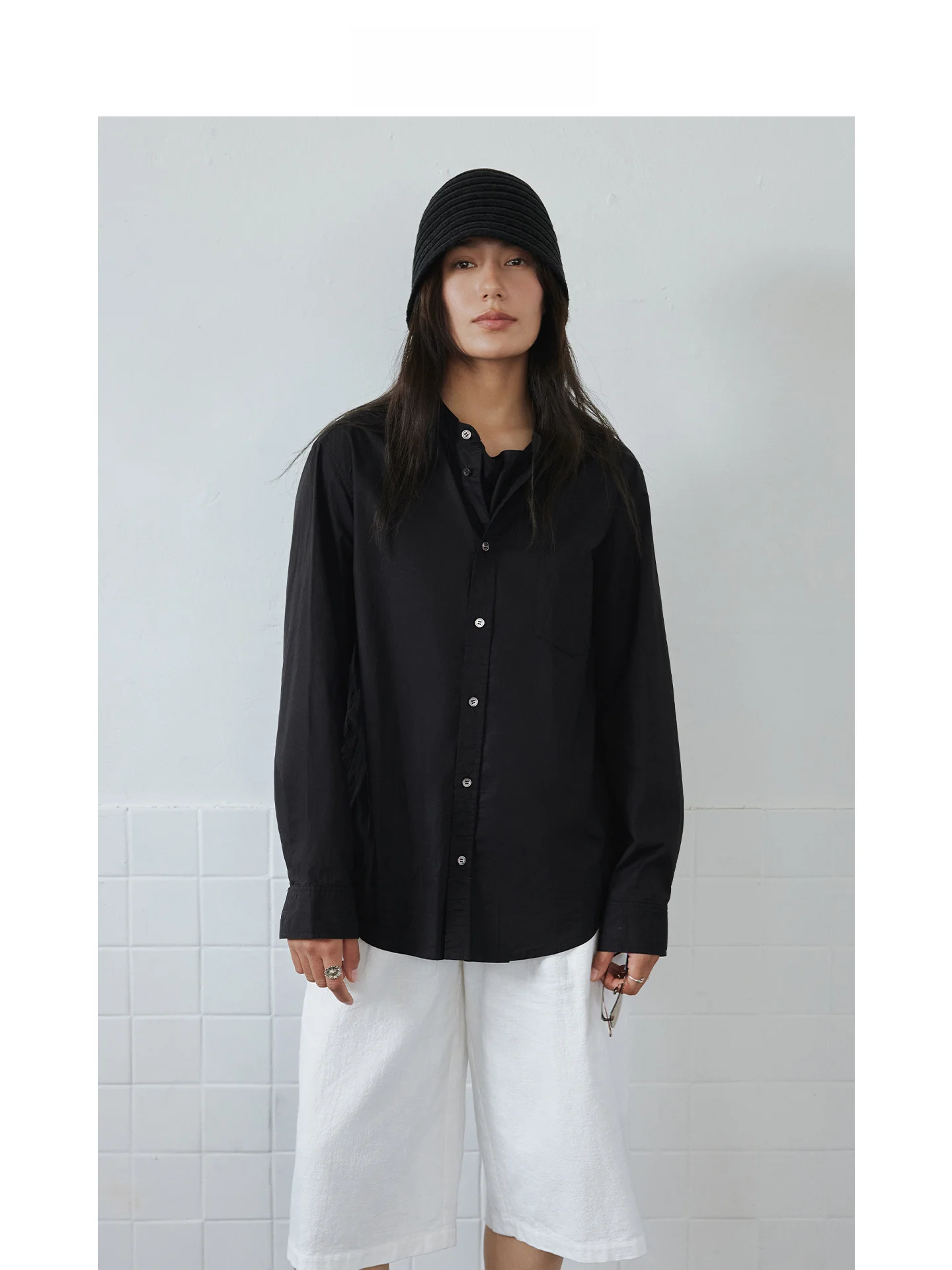 

DE Mincollection Deconstructed Bla irt Paper Feel Cotton Enzyme Wa Loose Fit Long Sve Button up Women's Casual irt