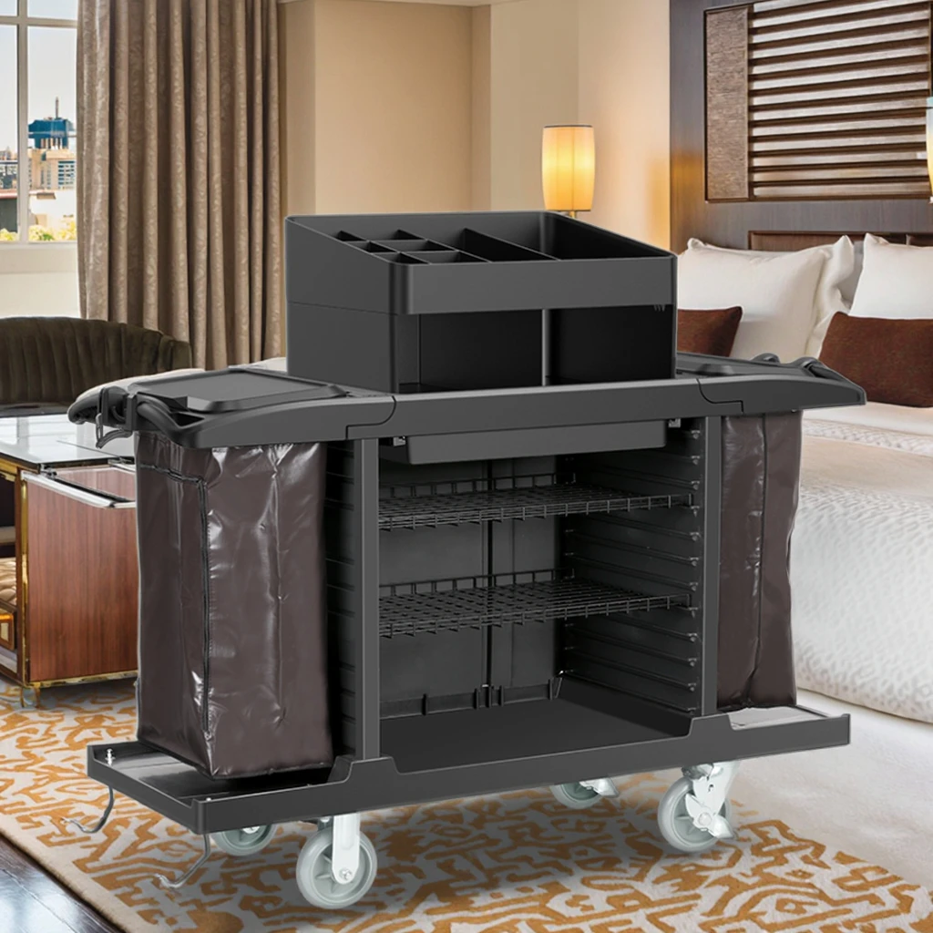 Carrello per cameriera commerciale per carichi pesanti per hotel di lusso 2025 per carrello per servizi di pulizia per attrezzature per la pulizia