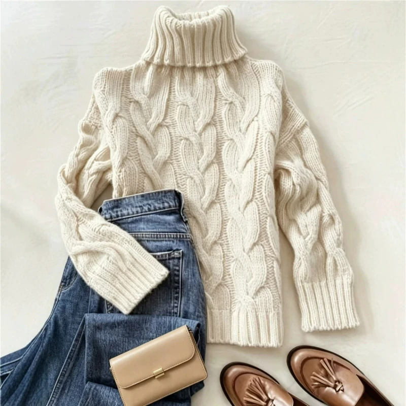 Women Solid Turtle Long Sleeve Sweaters Spliced Casual Thick Warm Pullovers Jumpers Basis Elegant Sweater Office Lady Autumn