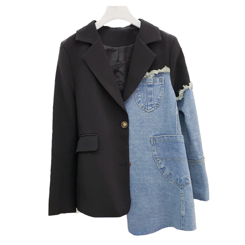 Irregular Denim Patchwork Blazer Jacket Women Spring Black Notched Collar Long Sleeve Outerwear Female Jeans Splicing Suit Coat