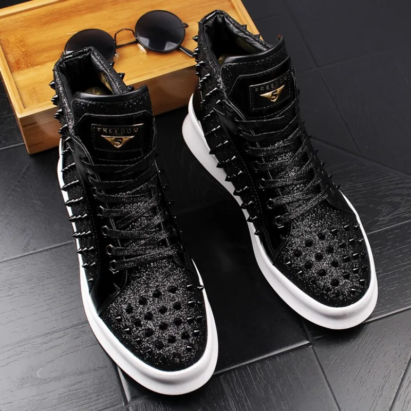 Men Studded Rivet Spike Lace Up High Tops Shoes Causal Flats Moccasins Luxury Punk Rock Boyfriend Sneakers A26