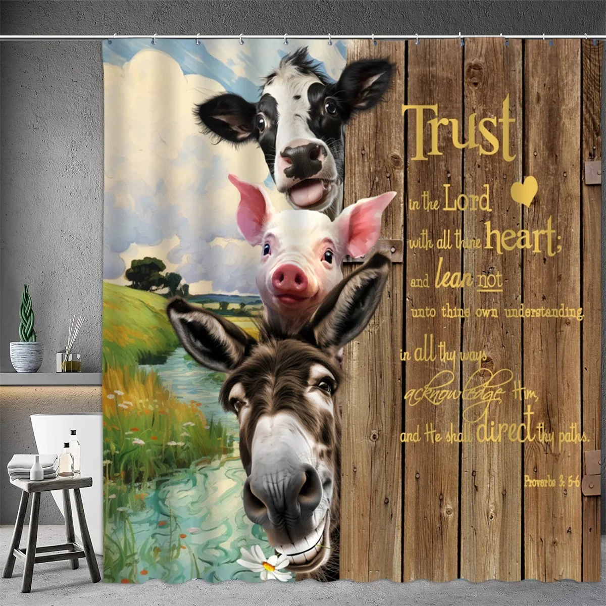 Farm Animal Shower Curtain, Oil Painting Farmhouse Barn Door Donkey Cow Pig Sunflower Spring Bathtub Partition Bathroom Decor