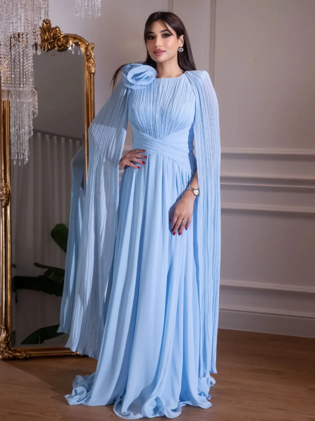 

Customized Long Sleeves Prom Dresses O-Neck Floor Length Women's Temperament Pleated Flowers Evening Dresses