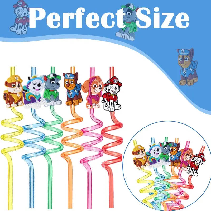 8pcs Paw Patrol Theme Straws For Kids Cartoon Chase Dog Reusable Drinking Straws Birthday Decoration Party Supplies Baby Shower