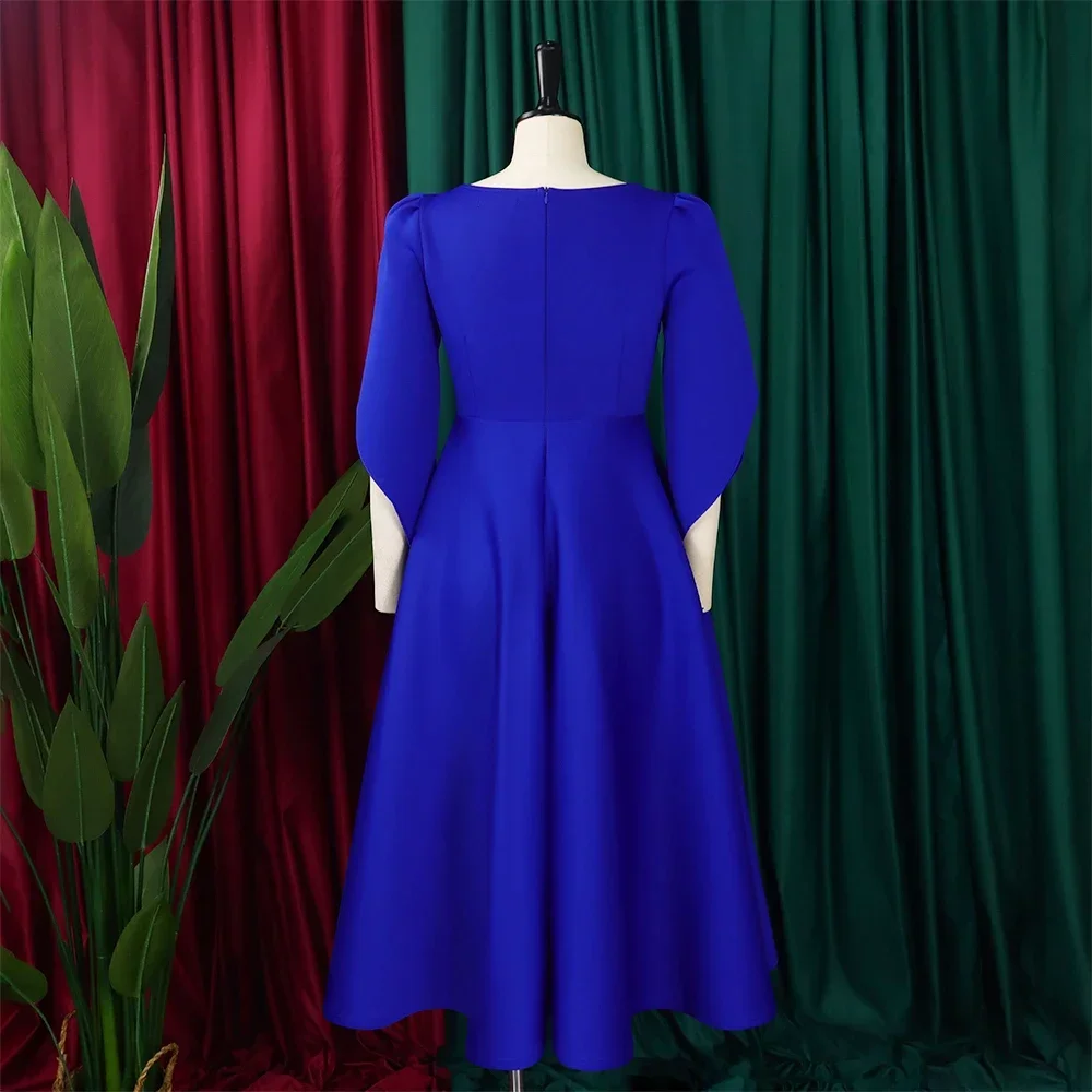 Robe de soirée plissée mi-mollet taille haute pour femme, col rond, demi-manches, robe élégante, luxe, anniversaire, robe éducative, mariage, 2024