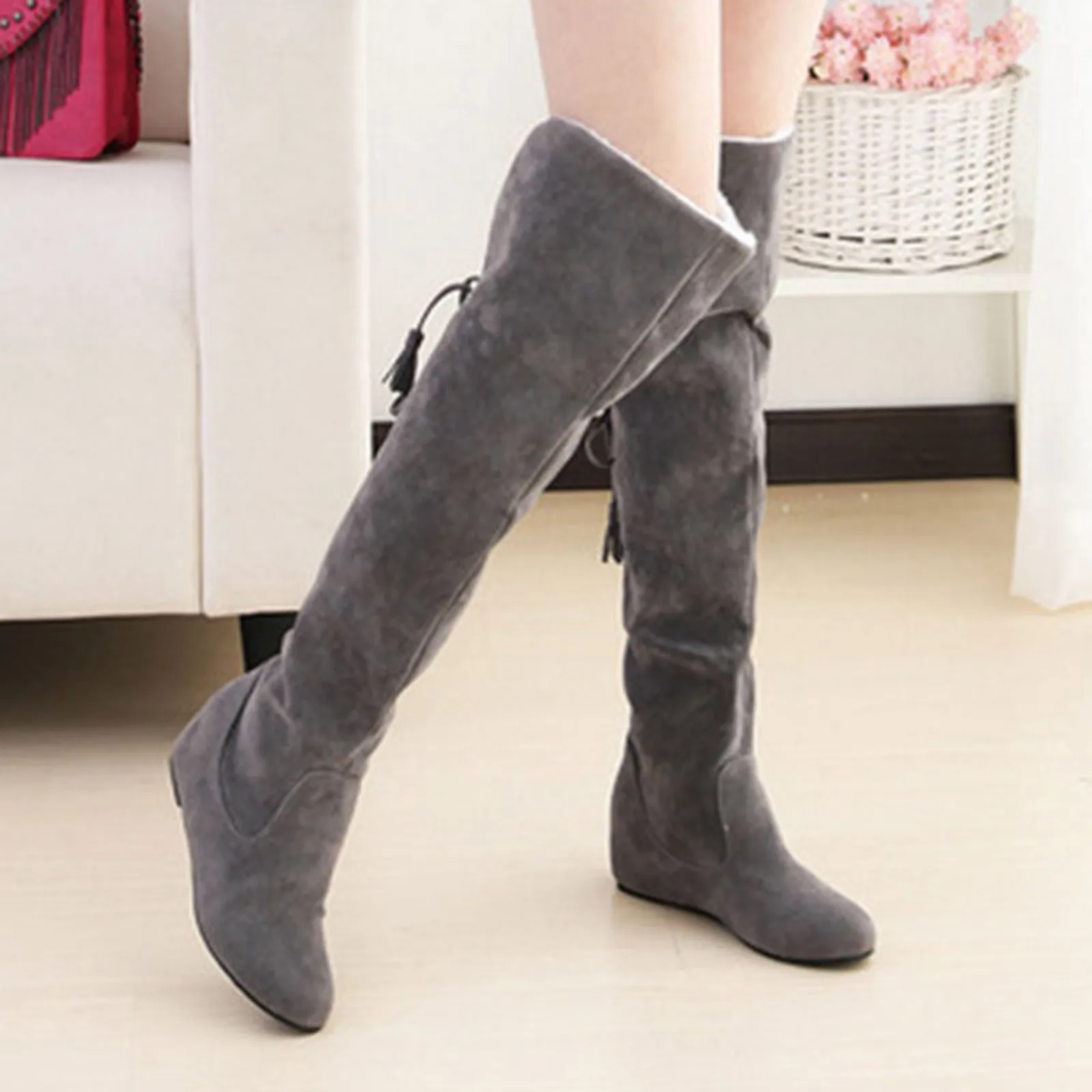 

Women Sexy Thigh High Boots Warm Snow Boots Frosted Boots Autumn Winter Flat Heels Over Knee Boots Oversized Wedge Heeled Boots