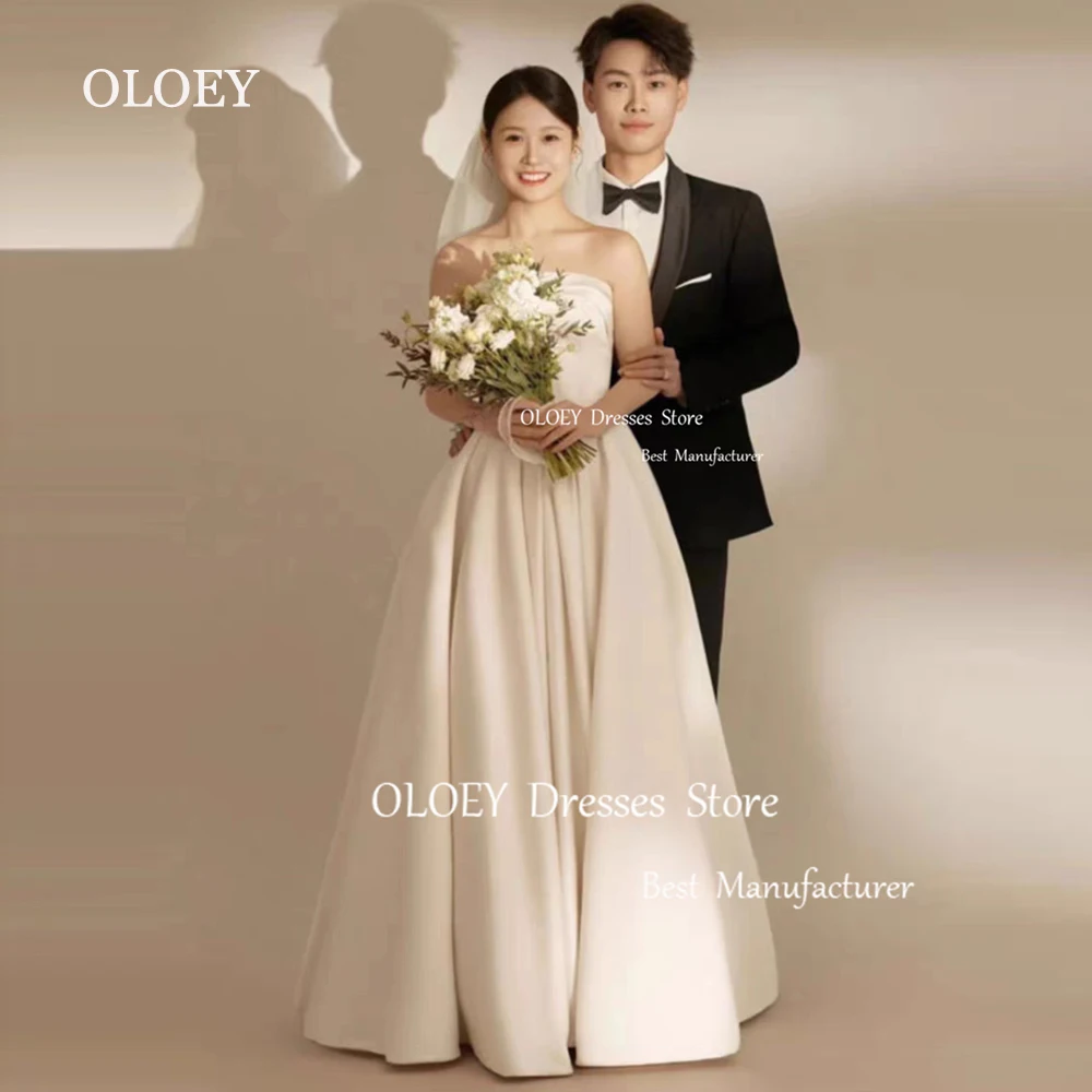 

OLOEY Ivory Pleats Satin Strapless Wedding Dress Korea Photoshoot Sleeveless Long Bridal Gown Corset Zip Back Custom Made