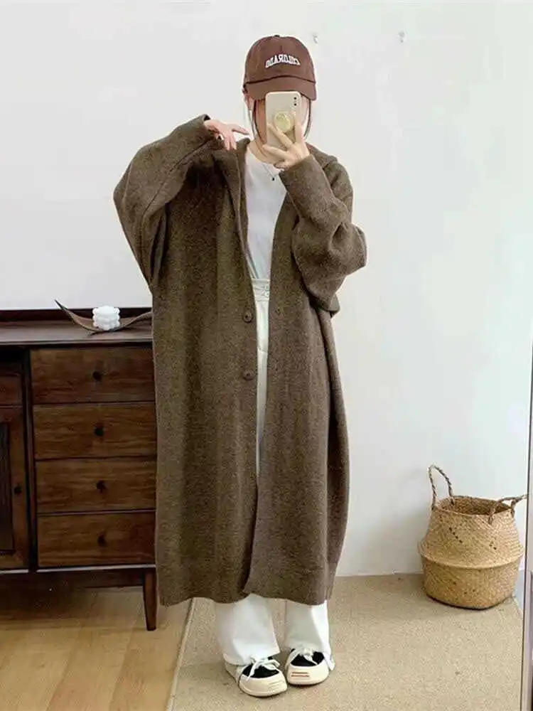 Women's Autumn Winter Hooded Long Knitted Cardigan Simple Solid Color French Style Lazy Casual Coat for Ladies
