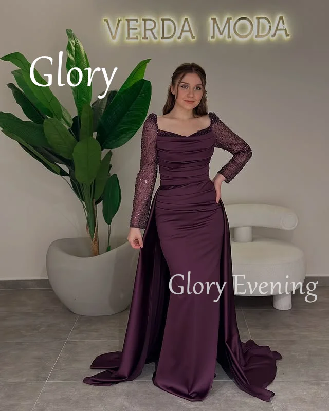 

Purple Beaded Prom Dress Satin Long Sleeve Evening Dress Sweep Train Elegant Customized Square Collar Formal Wedding Dress