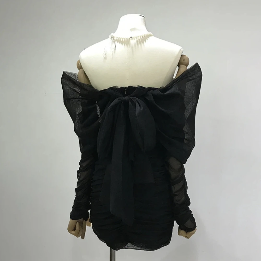 Sukienki damskie wyszczuplające z kokardą, eleganckie sukienki na imprezę, sukienki z długim rękawem, dopasowane sukienki mini, streetwear, tuniki z wysokim stanem, sukienki na studniówkę