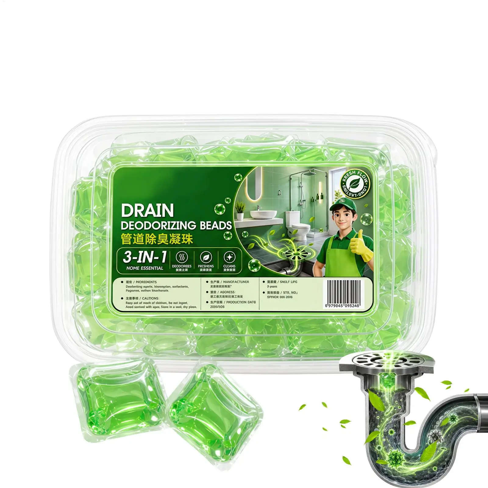 Drain Deodorizer Pods 30 Pieces Water-Soluble Long-Lasting Beads Kitchen Drain Care Pods for Kitchen Bathroom Sinks Showers