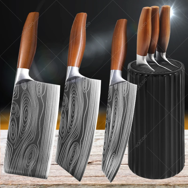 

Household Kitchen Knife Set Damascus Pattern Chef Knife Stainless Steel Sharp Fruit Vegetable Slicing Knife with Knives Holder