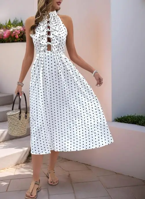 เดรสยาวปานกลางแบบผูกคอ แขนกุด ลายจุด สไตล์ระบายด้านหน้าและดีไซน์เว้าช่วงเอว สำหรับผู้หญิง ฤดูร้อน 2025 ให้ลุคสง่างาม