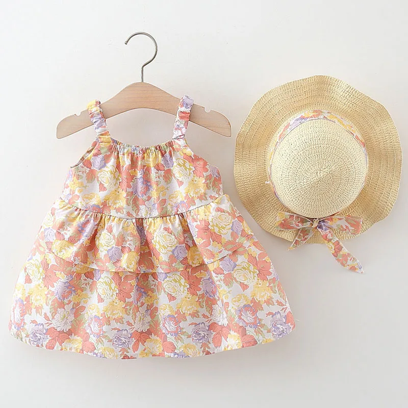 

2Piece Set Summer Flower Girl Dresses Korean Cute Print Sleeveless Cotton Baby Princess Dress+Sunhat Boutique Kids Clothing B015