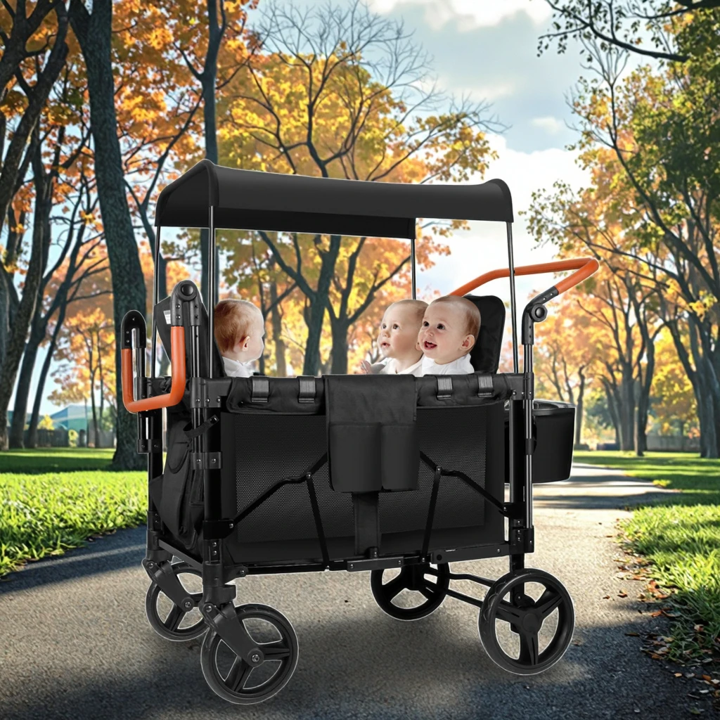 Custom High Quality Collapsible Baby Kids 4 Seater Wagon Stroller with 5 Point Harnesses Buckle and Adjustable Sun Canopy
