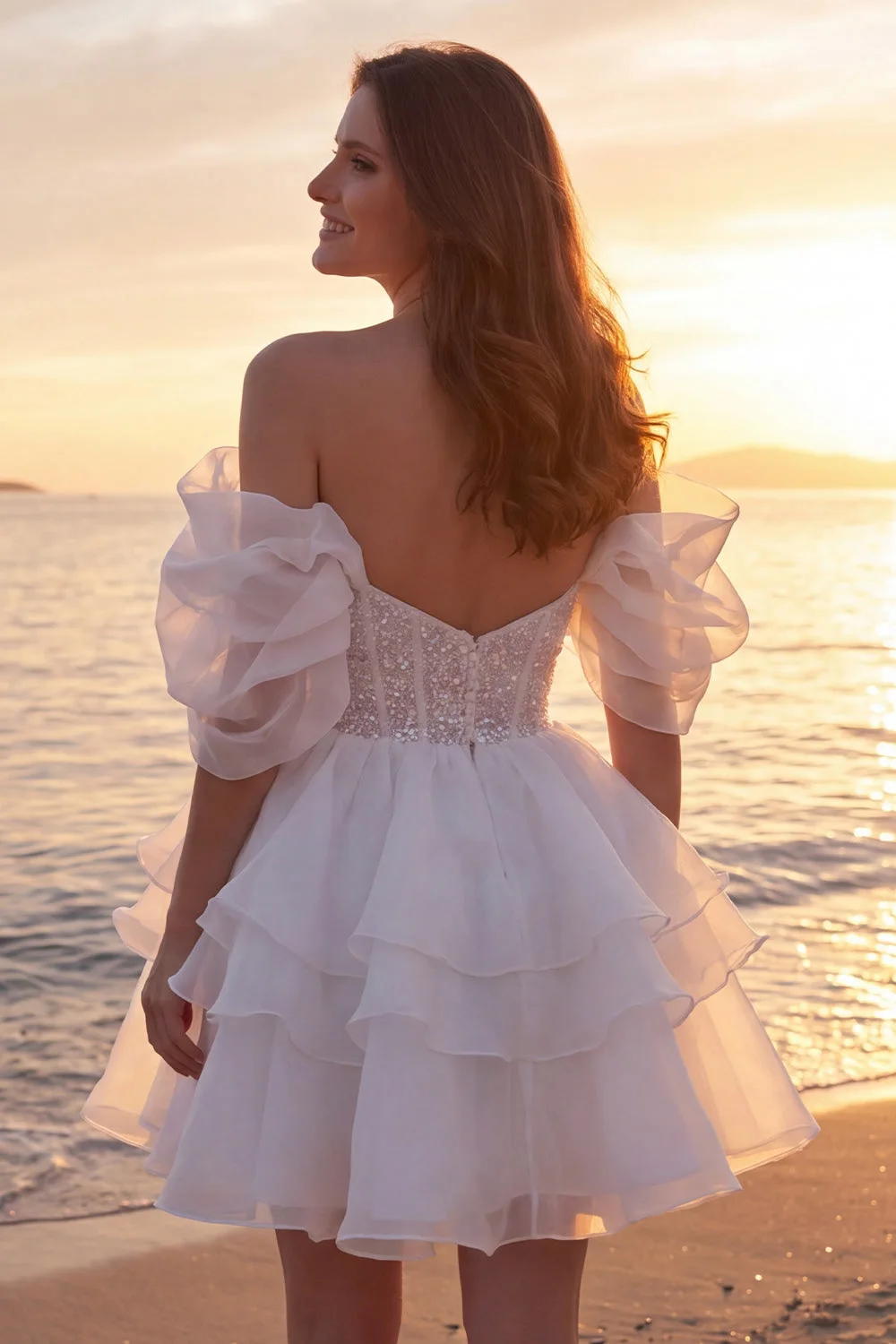 Customized Luxury Wedding Dress Off Shoulder Sequin Corset Bridal Dress Organza Ruffles Layered Skirt Beach Bride Dresses