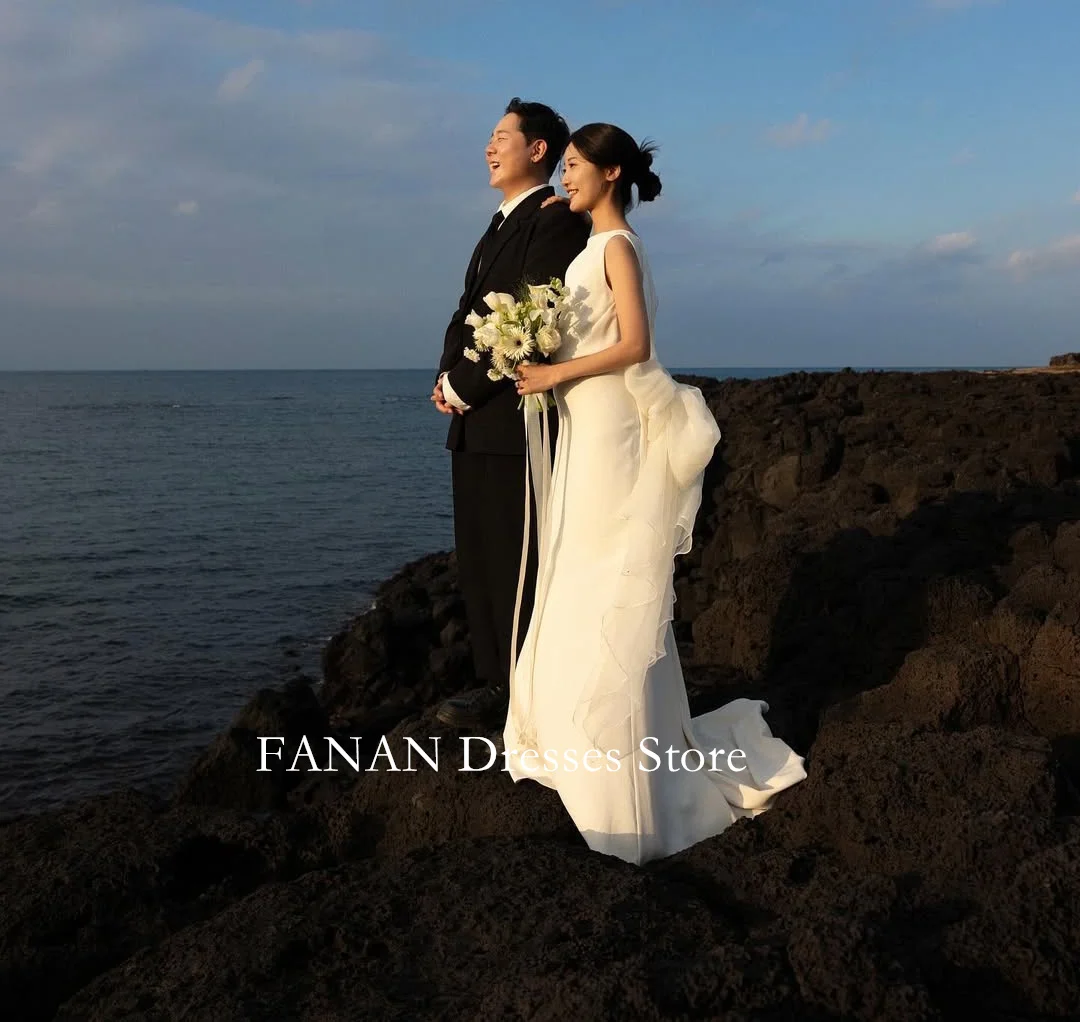 FANAN 보트 넥 한국 아이보리 칼집 웨딩 드레스 웨딩 드레스 스윕 기차 우아한 백리스 맞춤형 예쁜 신부 가운 플러스 사이즈