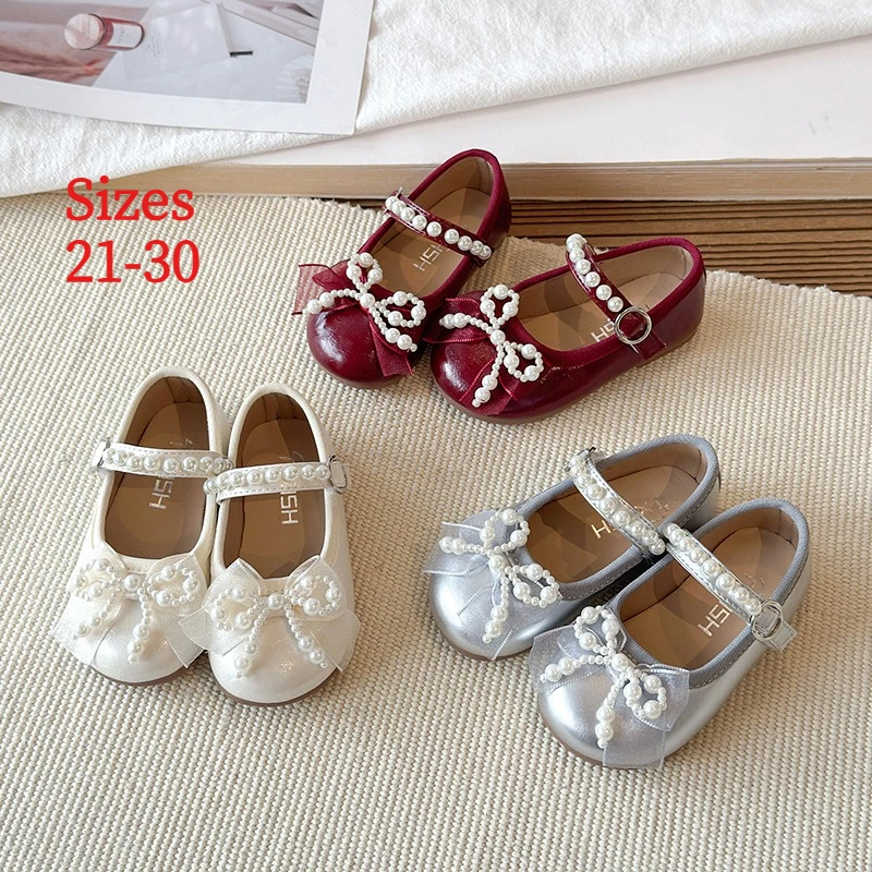 Girls Mary Jane Shoes Pearl Bow Princess Flats Soft Sole Toddler Dress Pumps Non-Slip Kids Formal Footwear Children's Baby Shoes