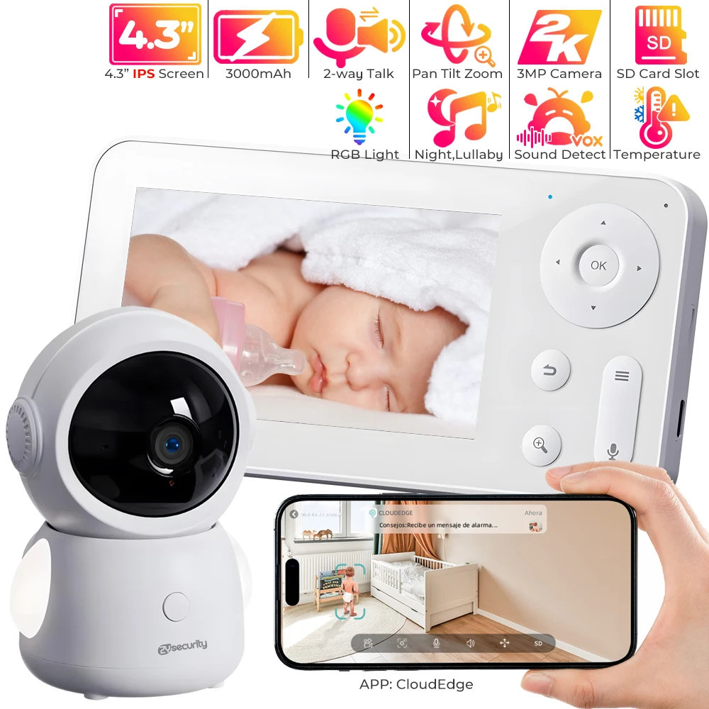 

2K 3MP Wifi Baby Monitor via APP Control Babyphone with 4.3" Screen Video Baby Camera RGB Night Light Record&Playback Bebe Nanny