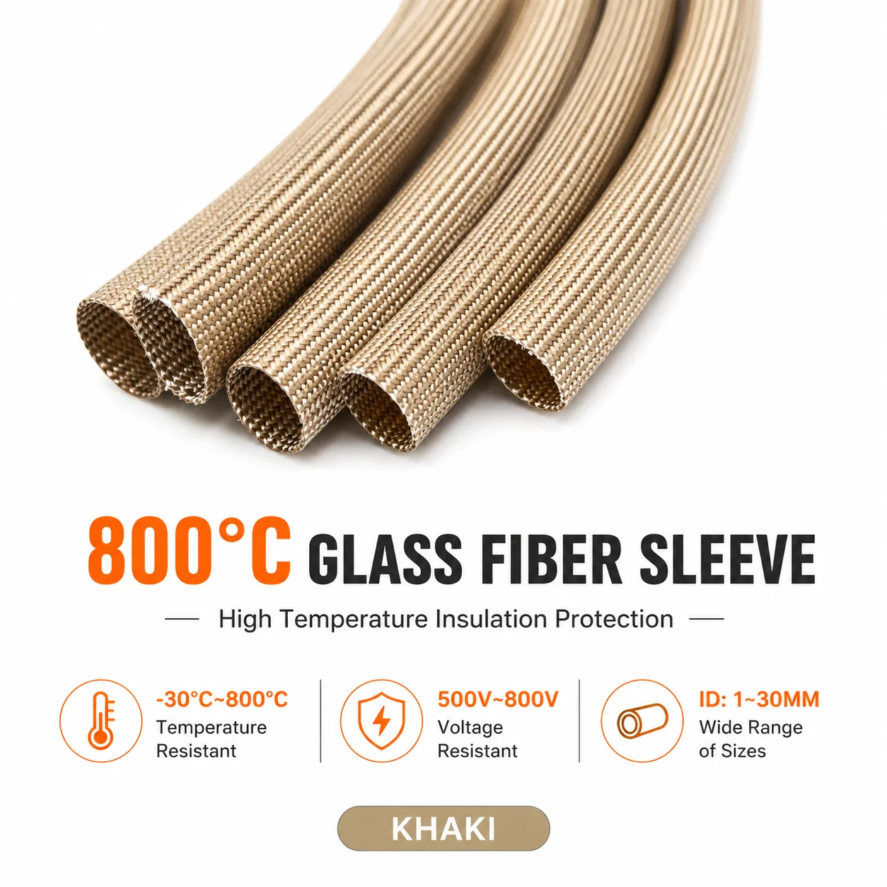 800℃ High Temp Fiberglass Sleeve, Flame Resistant Cable Insulation Tubing ID1-30mm Heat Resistant Wire Protection Sleeve