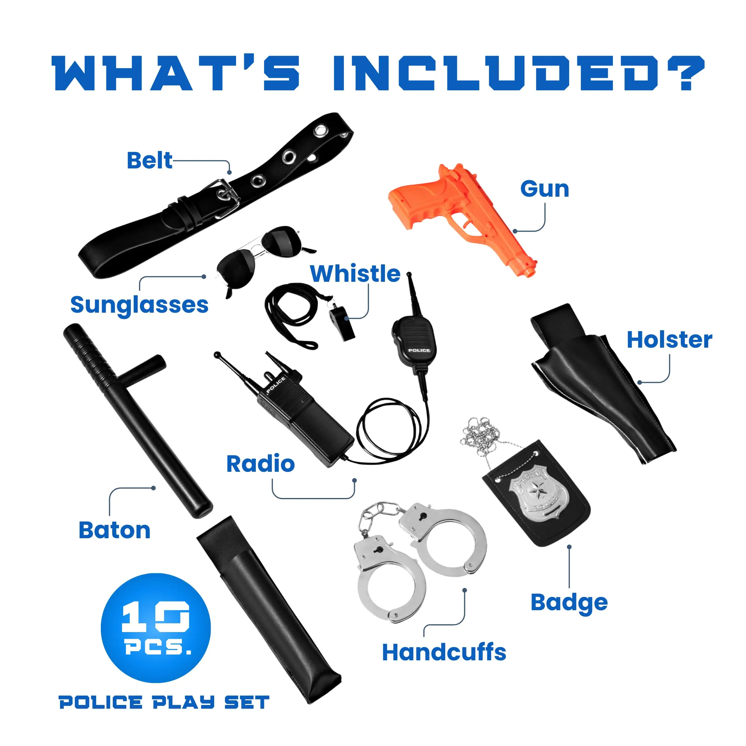 Police Officer Pretend Play Set 10-Piece Costume Accessories With Badge Belt Gun Handcuffs Halloween Role Play Kit For Ages 3–10 - Image 2