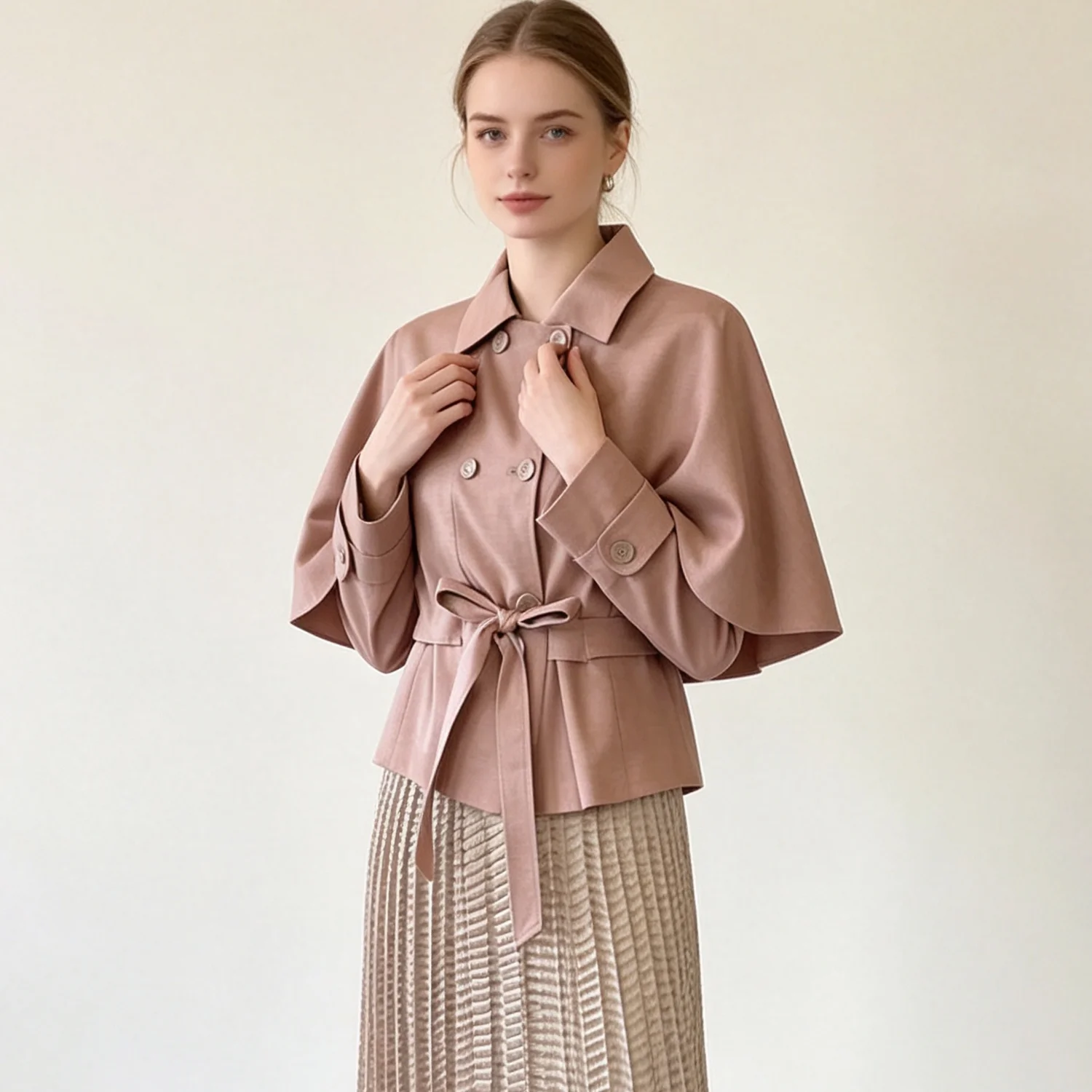 PUAL  cape design coat, lapel double-breasted jacket with waist tie belt, tailored slim fit elegant outerwear for autumn wear