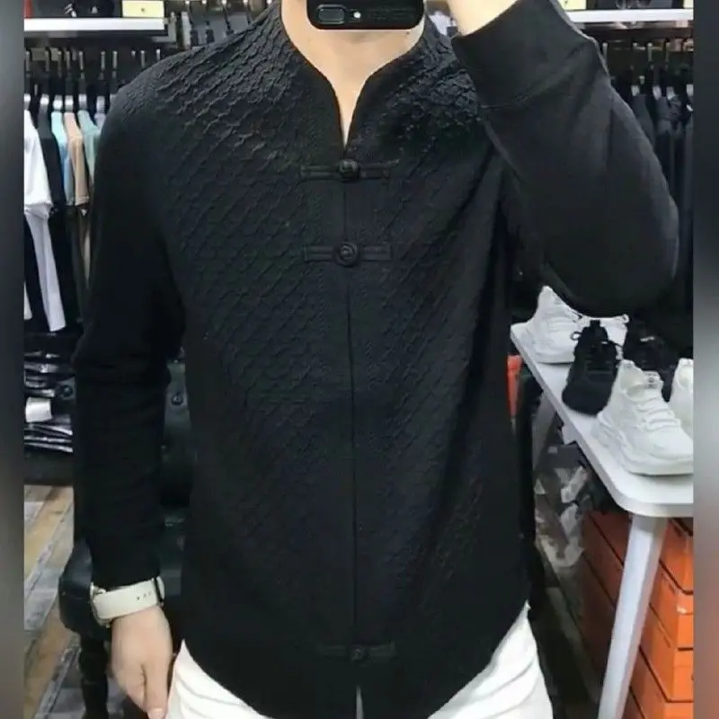 New Autumn Style Men's High-end Fashion Brand Casual Versatile Fashion Fit Chinese Style Button T-shirt Base Shirt Top JJ428